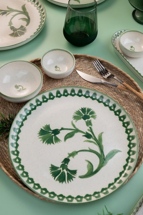 Hermia NPMOD14KH880801 Juego de Desayuno de Porcelana de 14 Piezas, Crema y Verde